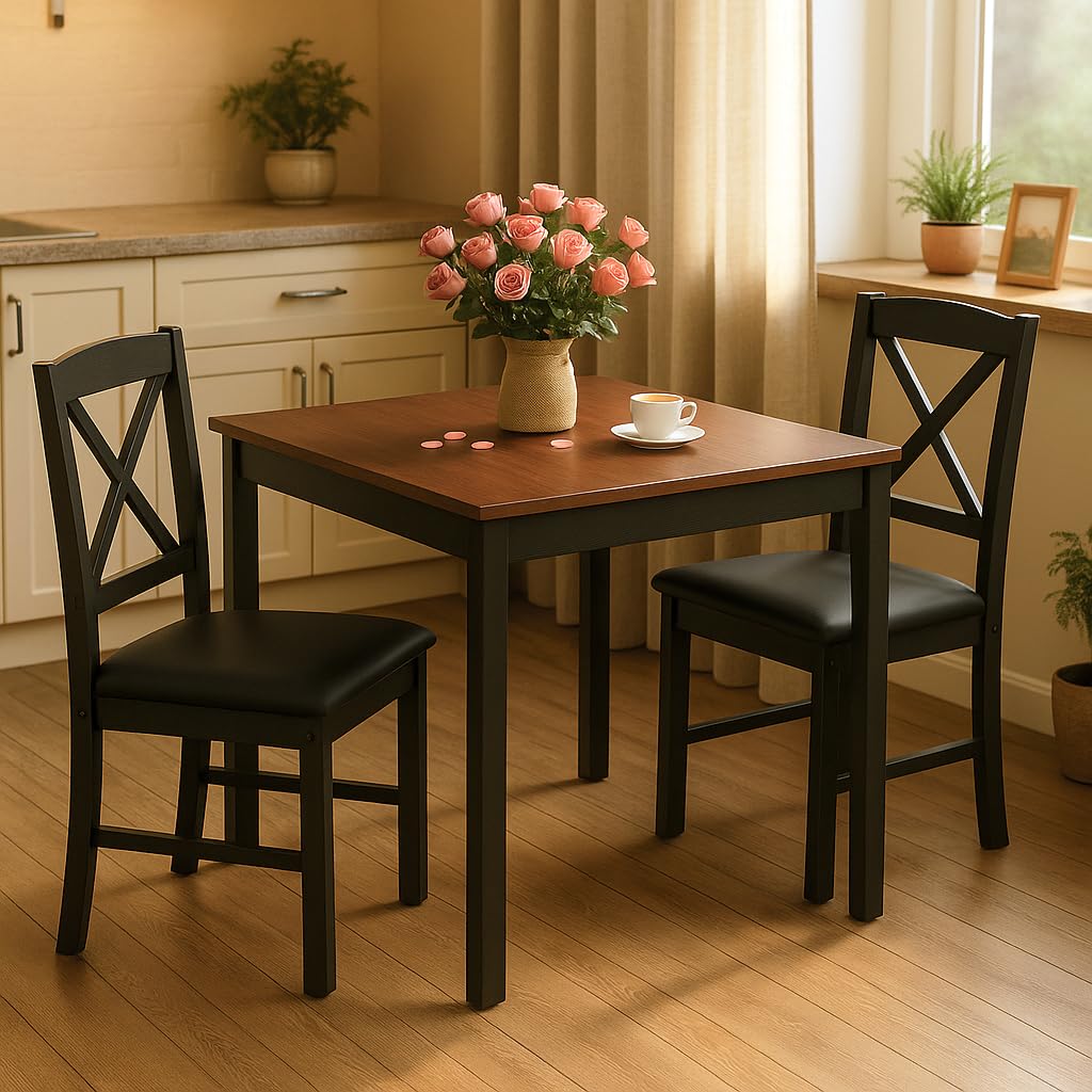 Tangkula Mid-Century Modern Dining Table Set for 2, Wooden Kitchen Table & 2 Chairs with Padded Seats, 3-Piece Compact Dining Set for Small Spaces, Kitchen, Living Room (Brown+Black) Tangkula