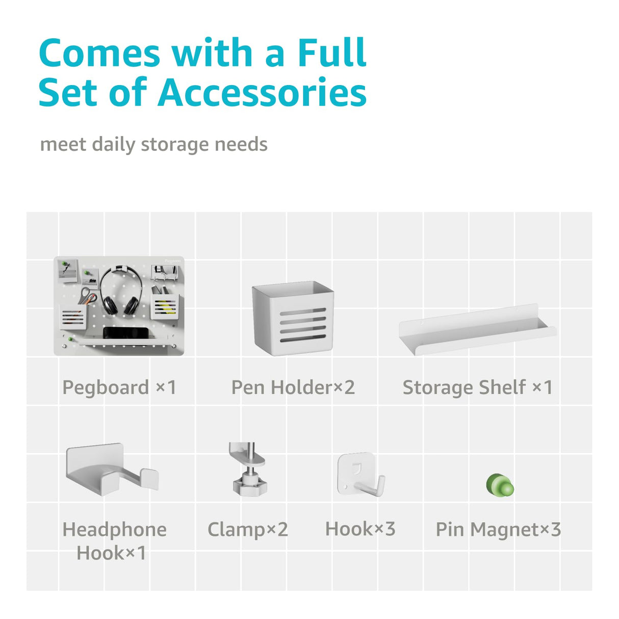 PEGZONE Clamp-on Desk Pegboard, Desk Organizer for Office Gaming Home, Magnetic Metal Peg Board with 10 Accessories, Privacy Panel for Office, 16.5" x 12.6", Medium, White PEGZONE