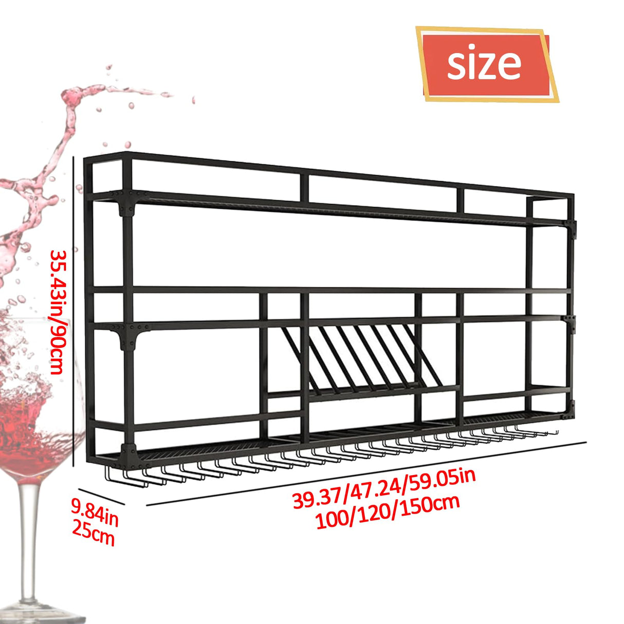 Wall Mounted Wine Rack, Floating Industrial Liquor Glass Holder 3 Tiers, Large Metal Wine Bottle Display Rack Hanging Shelf, for Home Bar Dining Room Decorative (Black-B, 47.42x35.43x9.84in) RAJYQODIS