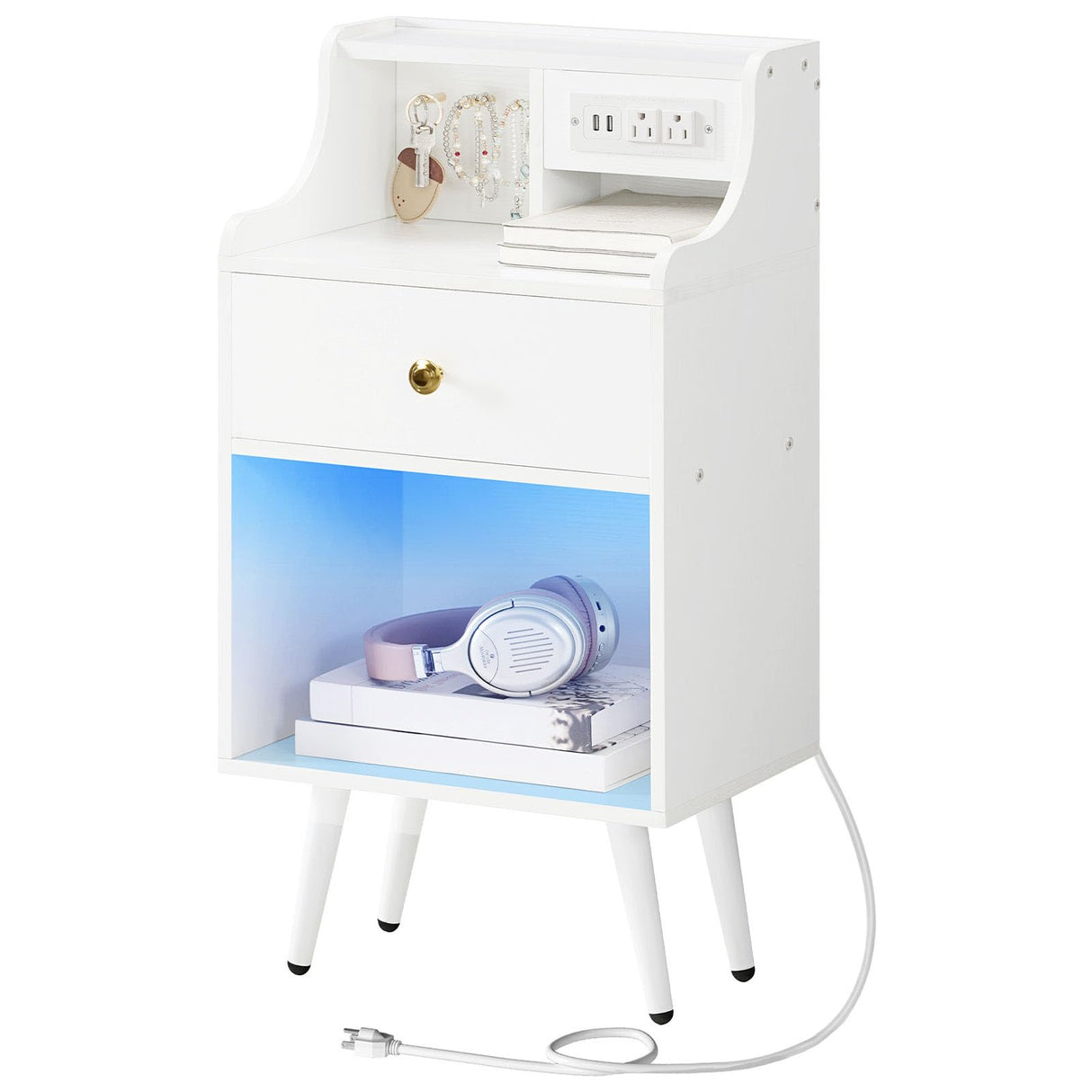 HOOBRO Nightstand with Charging Station and LED Light, Bedside Table with Fabric Drawer, End Table with USB Ports & Outlets, Modern Side Table, Sofa Table for Bedroom, White WT188UDBZ01 HOOBRO