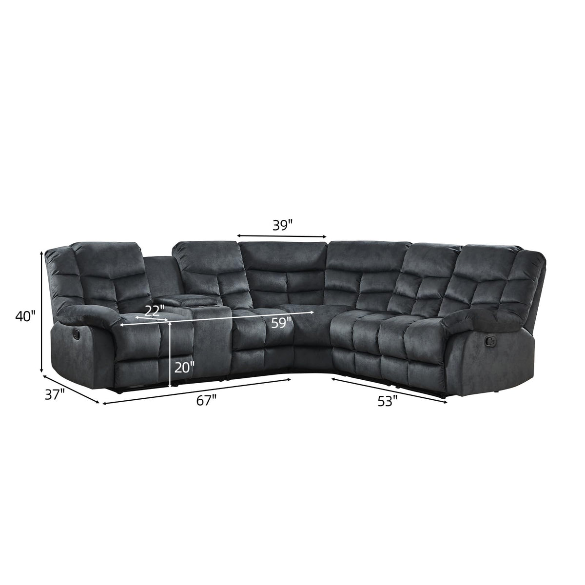 EBELLO Manual Reclining Sectional Sofa Set for Living Room, Soft Fabric Recliner Corner Sectional Couch with Center Console, Cup Holder and Storage, Grey EBELLO