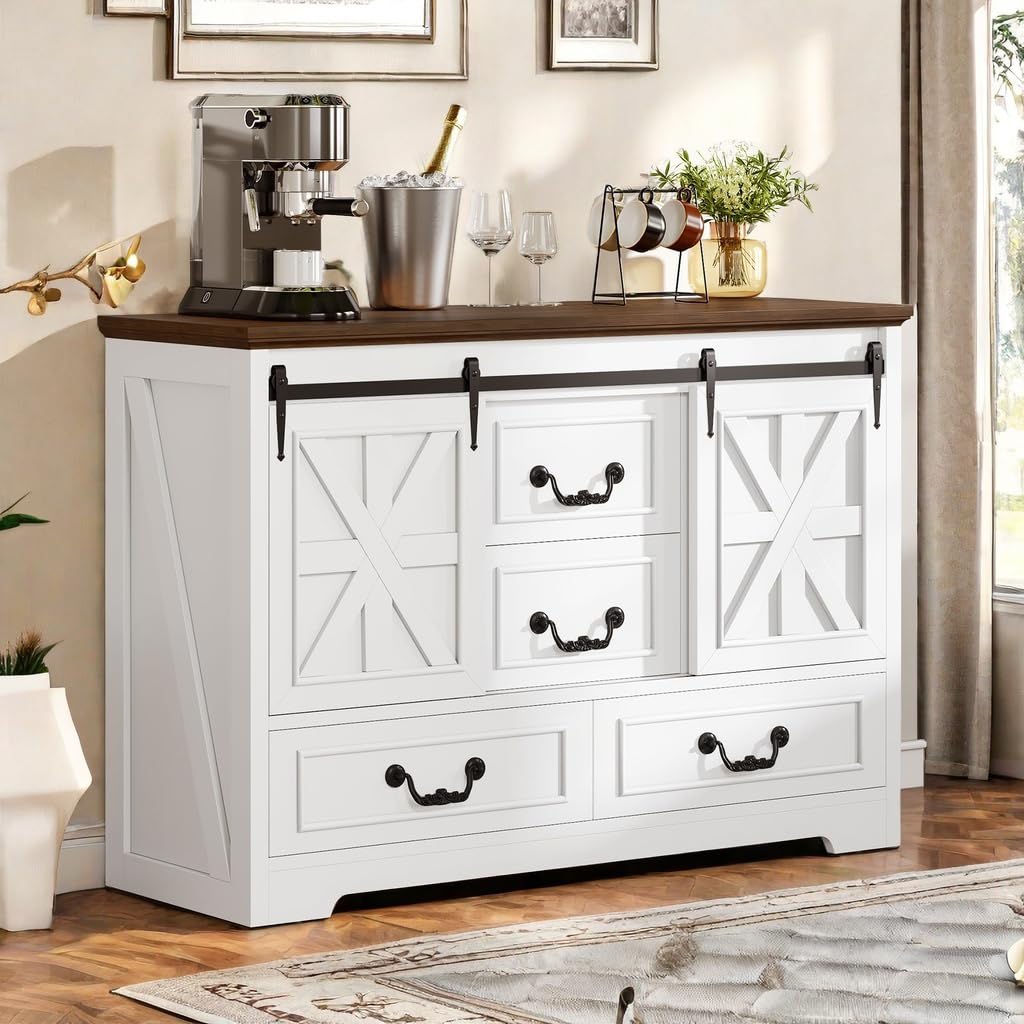 DWVO Farmhouse Buffet Cabinet with Storage, 47.2" Sideboard Cabinet with Sliding Barn Doors & 4 Drawers, Rustic Storage Cabinet for Kitchen, Living Room, Coffee Bar, White DWVO