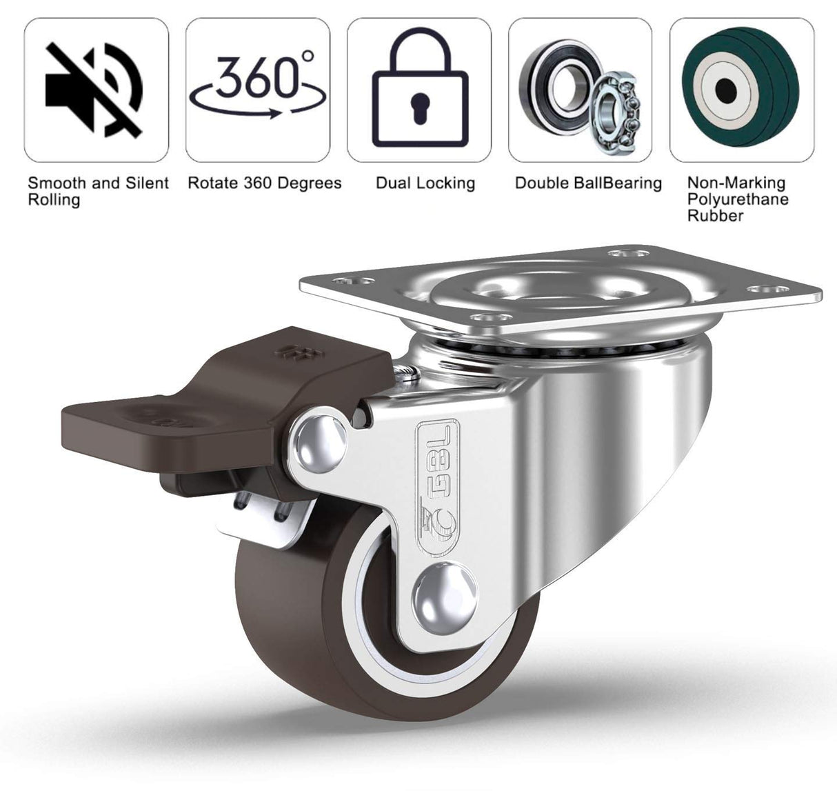 GBL 1" Small Caster Wheels with 2 Brakes + Screws - 90Lbs - Low Profile Castor Wheels with Brakes - Set of 4 No Floor Marks Silent Casters - Mini Wheels for Cart and Furniture GBL