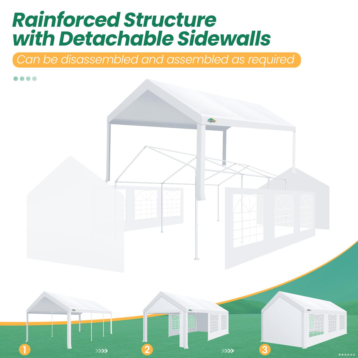 COBIZI 10x20 Party Tent Heavy Duty, 10x20 Canopy with Removable Sidewalls & 4 Built-in Sandbag, Commercial Wedding Large Tent, UV 50+, Waterproof, White COBIZI