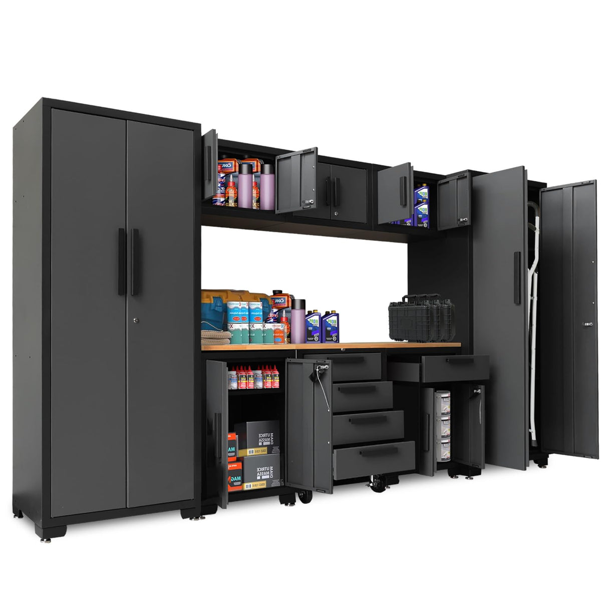 TCE Storage System, 9-Pcs Workshop Set, Included Steel Drawers Rolling Chest, Heavy Duty 9Pcs Metal Cabinets, Perfect for Organizing Garage and Tools, Black/Grey TCE