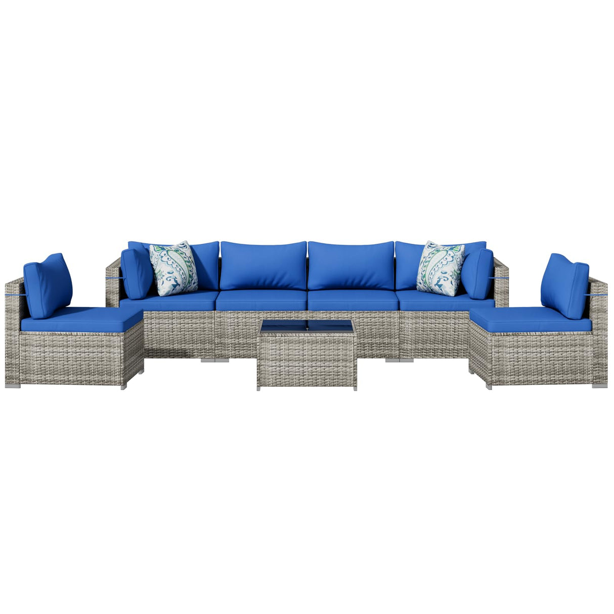 Tradare 7 Piece Patio Furniture Set, Outdoor Wicker Patio Sofa Set, PE Rattan Sectional Couch with Glass Table and Blue Cushions, All-Weather 7 Piece Outdoor Patio Furniture Sets, Grey Tradare