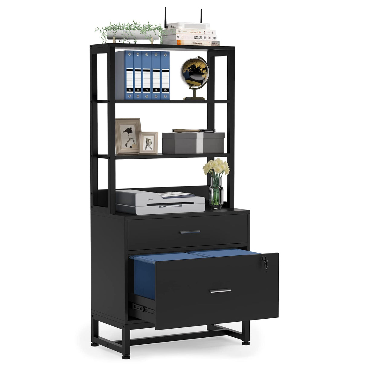 Tribesigns Modern 2 Drawer Vertical File Cabinet with Lock and Open Bookshelf Storage, Black Tribesigns