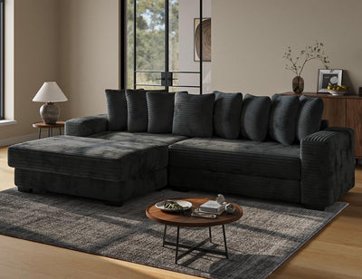 ohllob 110" Modular Sectional Sofa, L Shaped Couch with Chaise Lounge, Fluffy Corduroy Cloud Couch with Deep Seat for Living Room (Black)