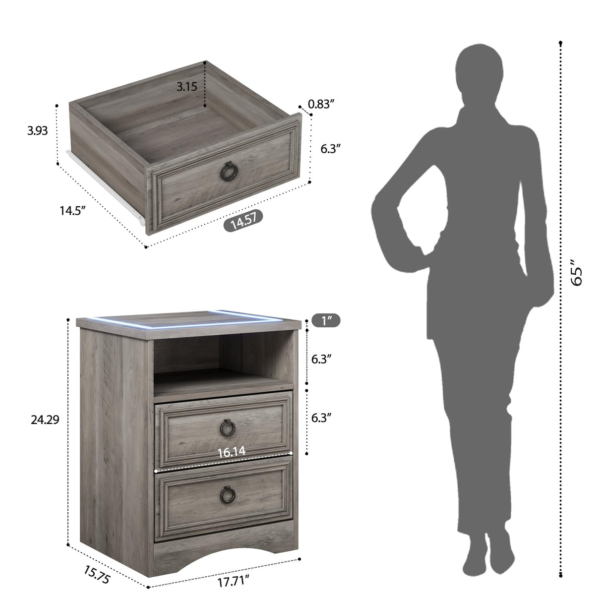 Nightstand with Strip Lights Set of 2, Night Stand with Drawers, Accent Bed Side Table and End Table with Open Storage for Bedroom, Living Room,Gray LGHM