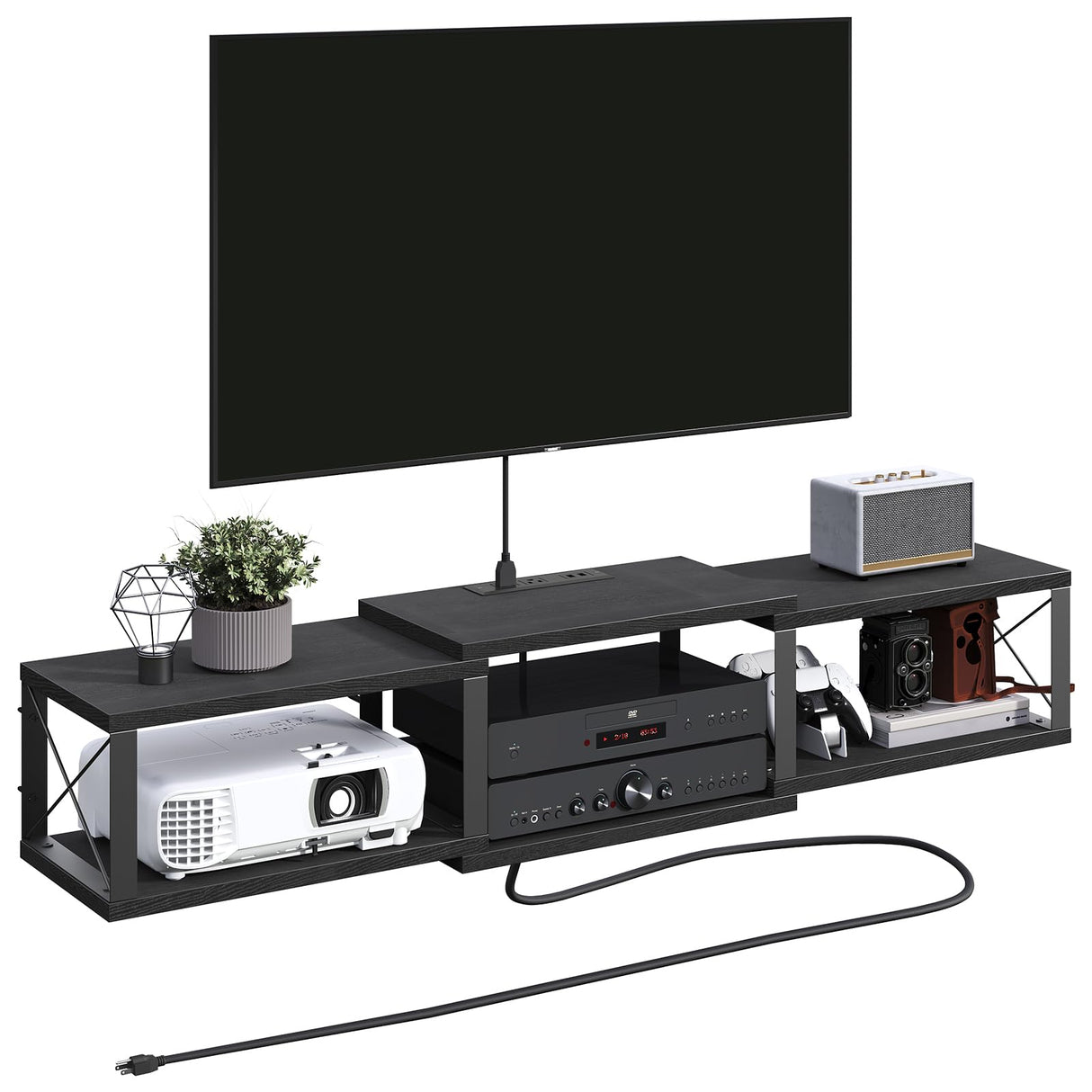 MAHANCRIS Floating TV Stand with Power Outlet, Wall-Mounted Entertainment Console Center with Storage, Floating TV Shelf for Under TV Storage, for Living Room, Bedroom, Black TVHB101E01 MAHANCRIS