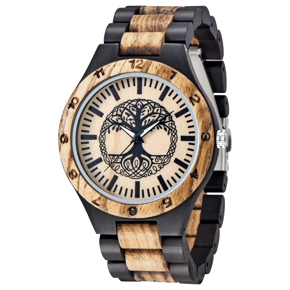 Dentily Men's Wood Watch Engraved Tree of Life Pattern Quartz Watch for Men Hand-Made Wooden Watches Dentily