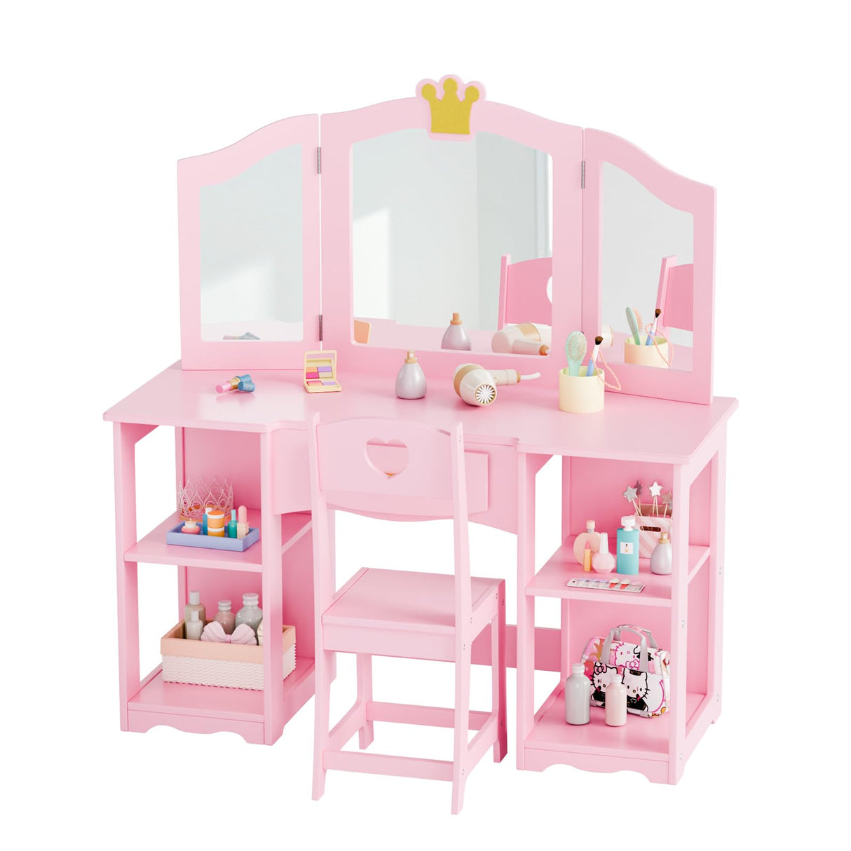 JOYMOR Kids Vanity Table and Chair Set, 2 in 1 Princess Vanity, Girls Vanity Storage Cabinet w/Tri-Folding Mirror, Beautiful Holiday, Birthday Gifts (Pink) JOYMOR