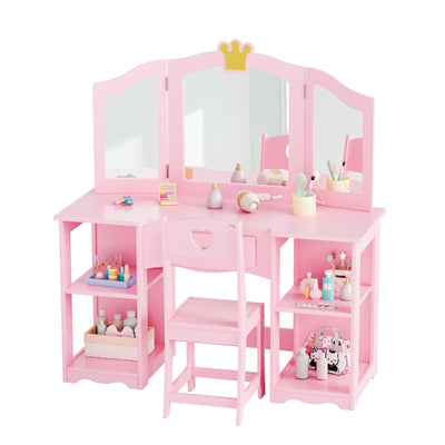 JOYMOR Kids Vanity Table and Chair Set, 2 in 1 Princess Vanity, Girls Vanity Storage Cabinet w/Tri-Folding Mirror, Beautiful Holiday, Birthday Gifts (Pink)
