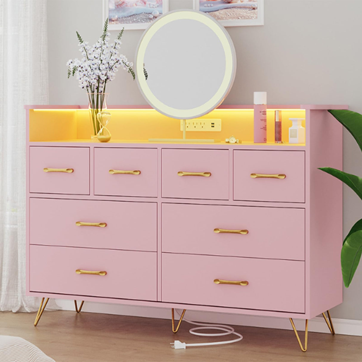 Pink Dresser with Power Outlet and LED Lights, Wood 8 Drawer Dresser for Bedroom, Modern Chest of Drawers with Gold Handles and Open Storage Space for Closet, Living Room, Entryway HarmoHaby