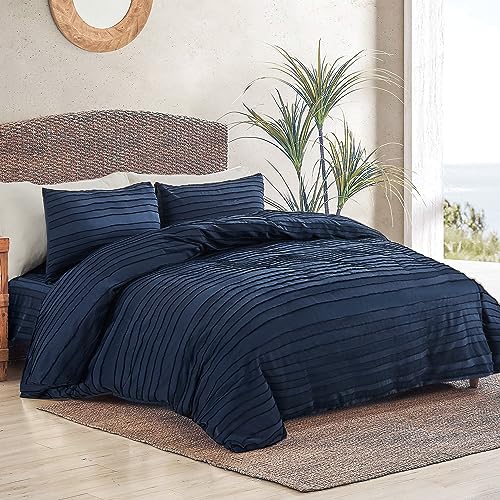 NEXHOME PRO Duvet Cover Queen,Navy 3 Pieces Boho Tufted Duvet Cover Set, Soft and Lightweight 100% Washed Microfiber Comforter Cover Set for All Season(Navy Queen, 90 x 90)-No Comforter NEXHOME PRO