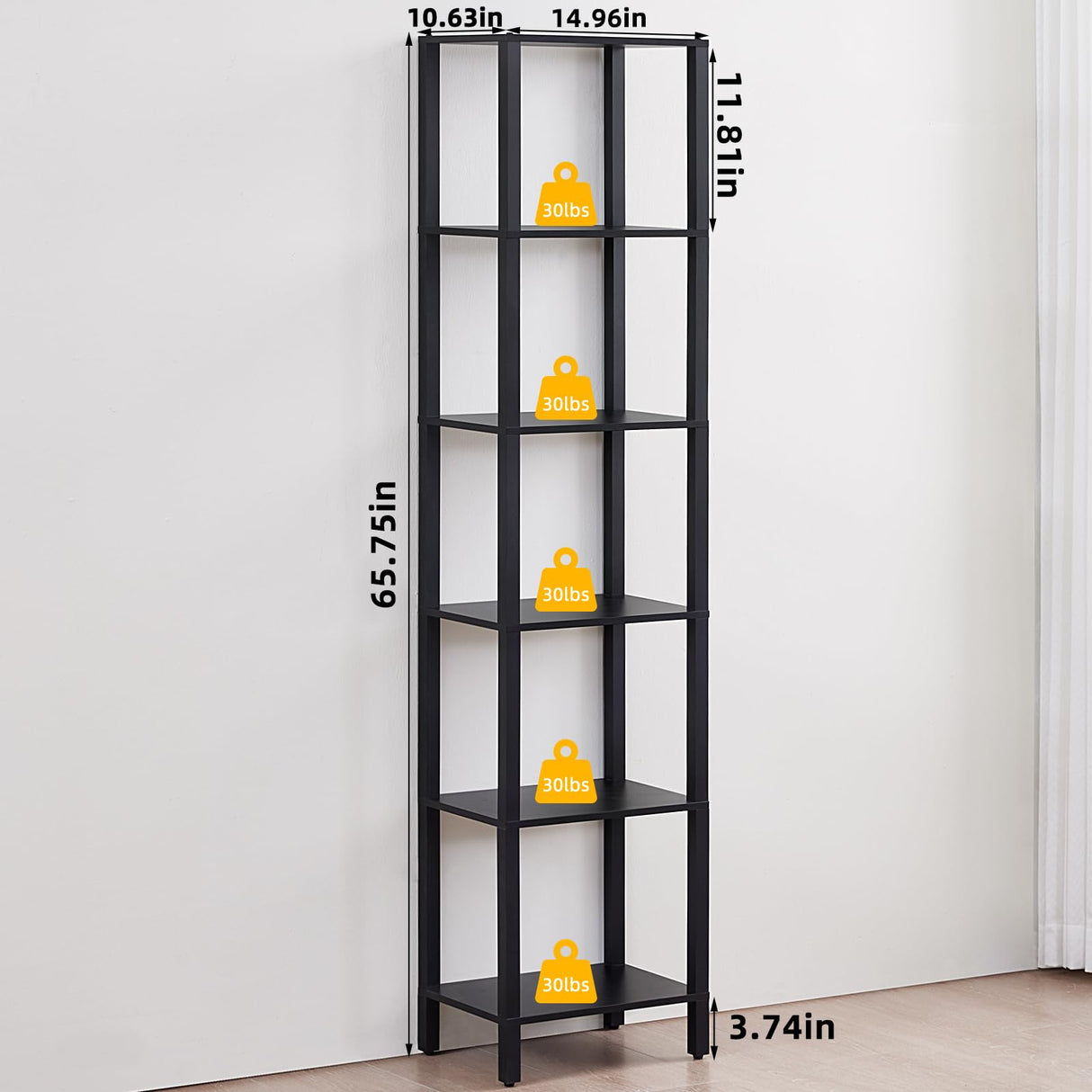 YUFAM 66in Tall Bookshelf 6-Tier Small Narrow Bookcase, Skinny Book Shelf for Small Space, Farmhouse Slim Shelf with Storage, Wood Freestanding Display Thin Bookshelves for Living Room, Office, Black YUFAM