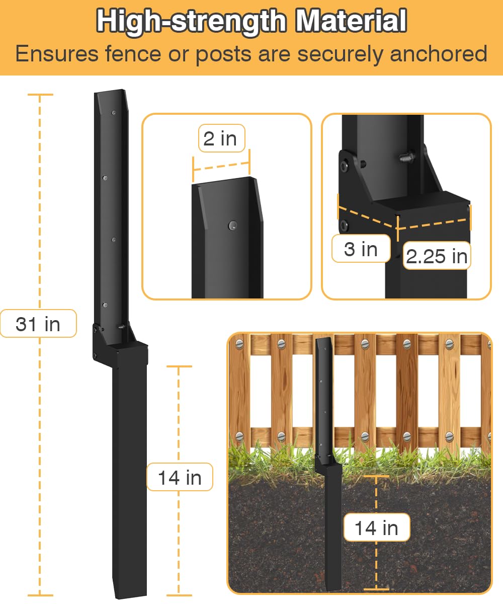 Mokeyder Fence Post Anchor Kit, Heavy Duty Metal Steel Fence Post Repair Kit, Fence Post Anchor Stakes Ground Spike for Repairing Tilted/Broken Wood Fence Post, Metal-Plate Style, 1 Pack Mokeyder