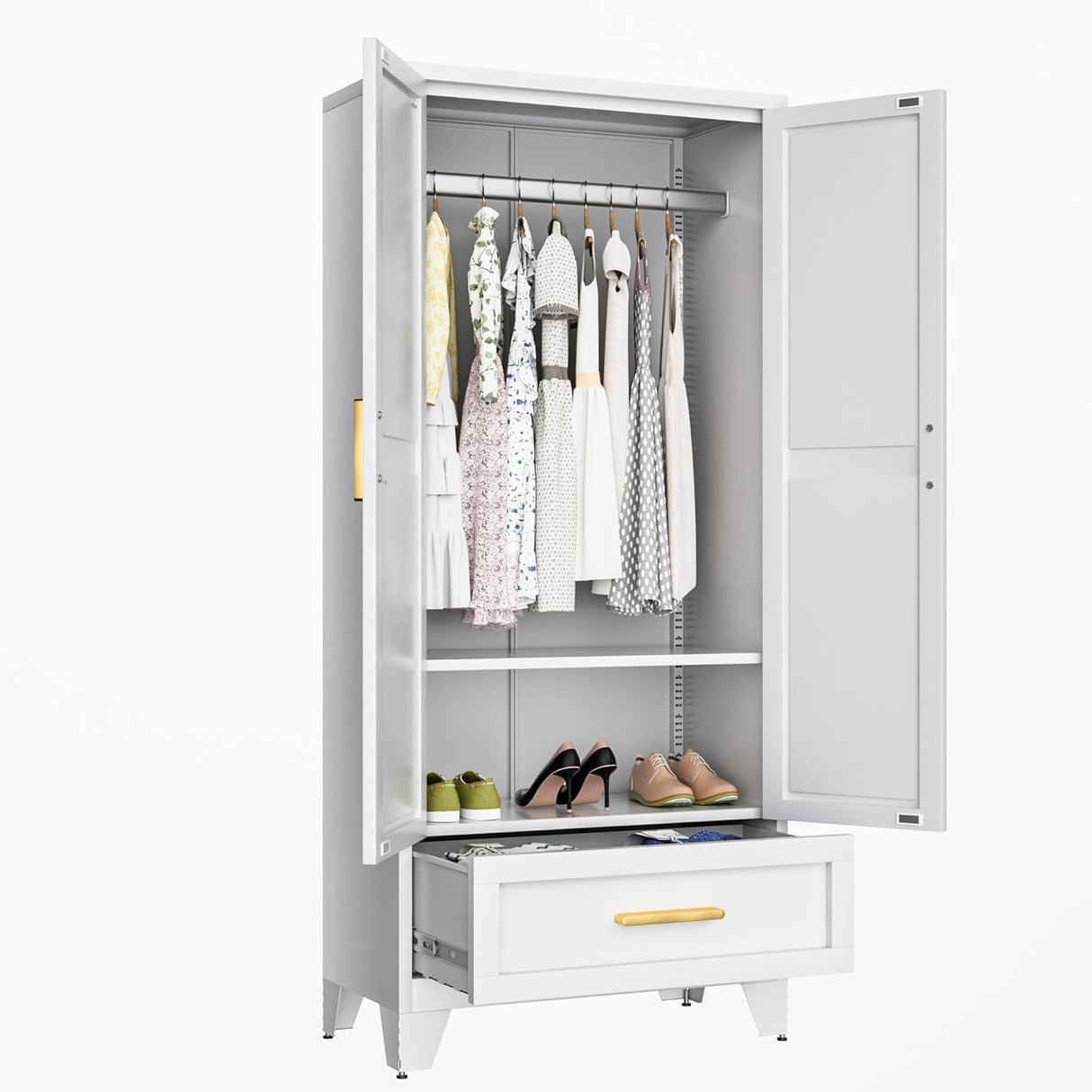 71 Farmhouse Metal Wardrobe Closet with Hanging Rod, 2 Barn Doors, Adjustable Shelves, Steel Armoire with Drawer for Home, Bedroom Black COFaR