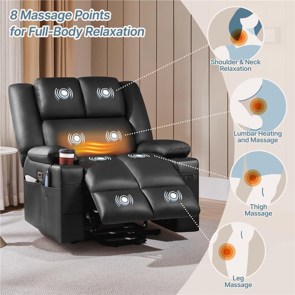 Yaheetech Large Electric Power Lift Recliner Chair, PU Leather Massage Chair with Heat and USB Port for Elderly, Ergonomic Lounge Chair with 2 Cup Holders Side Pockets, Overstuffed Wide Single Sofa Yaheetech