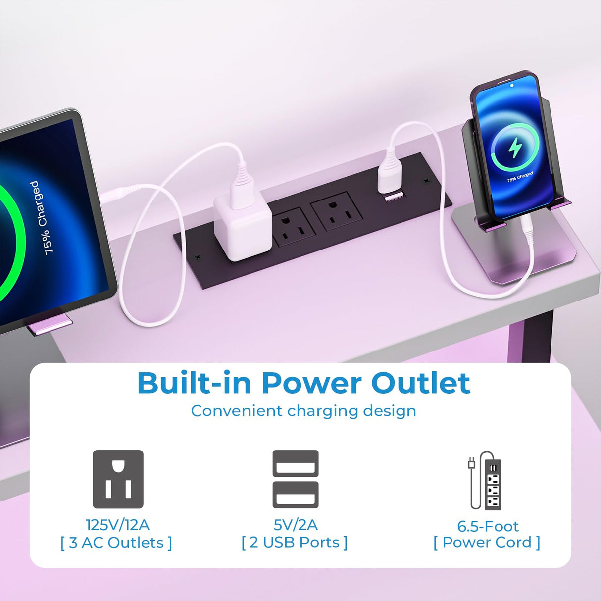GreenForest White Computer Desk 47 Inch with LED Lights and Monitor Stand, Office Desk with Drawer for Small Spaces, Gaming Desk with Power Outlets and Shelf GreenForest