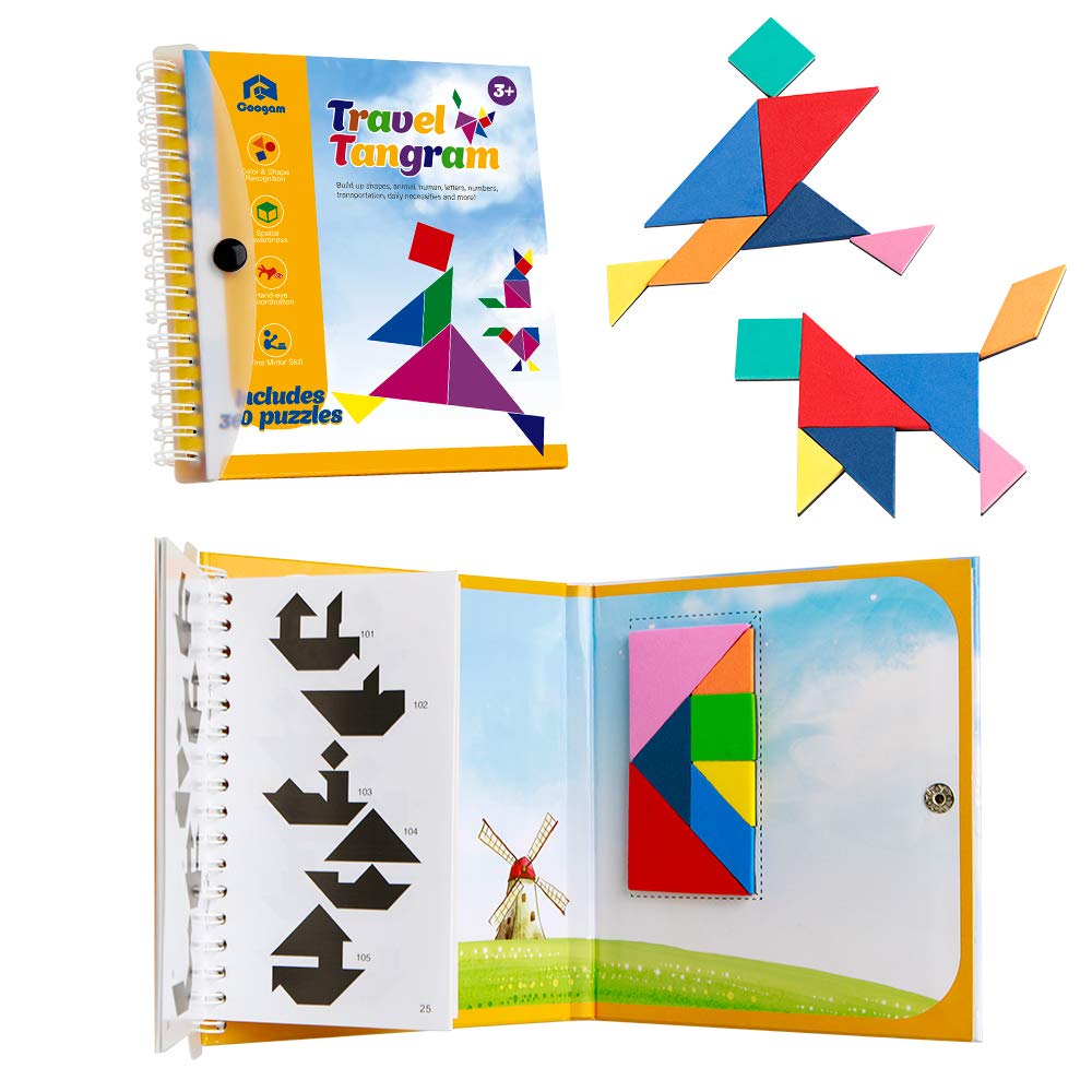 Coogam Travel Tangram Puzzle - Magnetic Pattern Block Book Road Trip Game Jigsaw Shapes Dissection STEM Games with Solution for Kid Adult Challenge - IQ Educational Toy Gift Brain Teasers 360 Patterns Coogam
