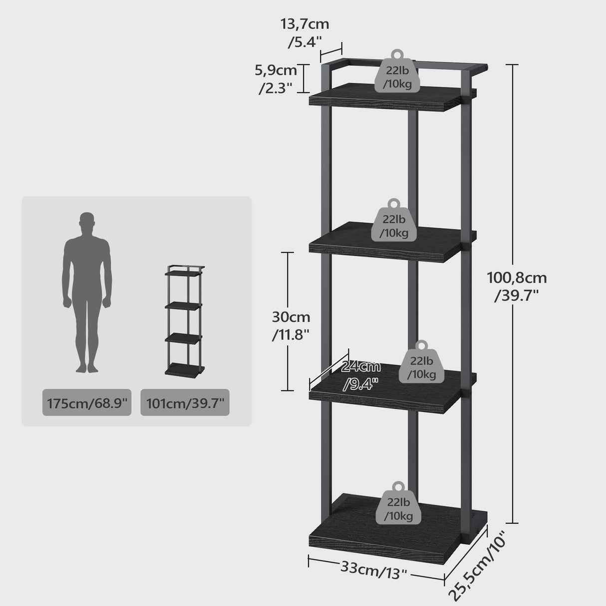 MAHANCRIS Bookshelf, 4-Tier Bookcase, Vertical Tall Narrow Book Shelf for Small Space, Open Storage Display Shelf with Stable Base & Anti-Tip Kits, for Living Room, Office, Study, Black BKBK11401