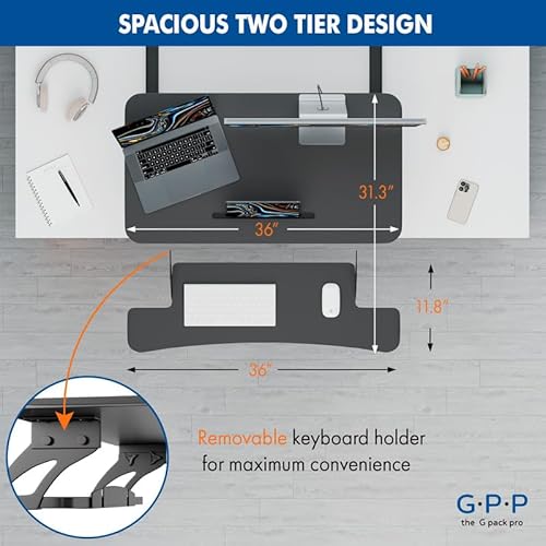 G-PACK PRO 36″ Wide Standing Desk Converter – Sit-to-Stand Workstation for Dual Monitors, Height Adjustable Up to 17.3″ with Large Keyboard Tray – Black G-PACK PRO