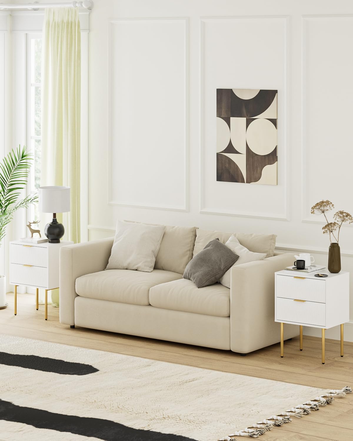 Aienvey Night Stand, Modern Nightstand with Drawers, Bedside Table, Gold Small Side Table for Bedroom, Living Room End Table (2 Drawers, White Stripe) Aienvey