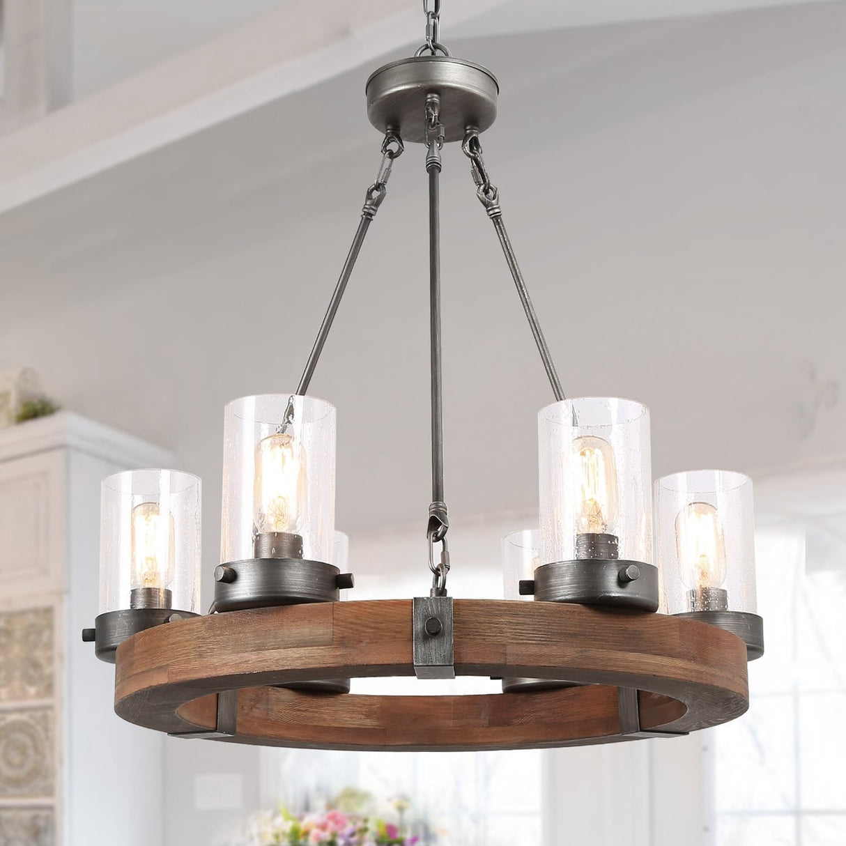 LNC Farmhouse Chandelier, Wood Round Wagon Wheel 6-Light Fixture with Seeded Glass Shades for Dining & Living Room, Bedroom, Kitchen and Foyer LNC