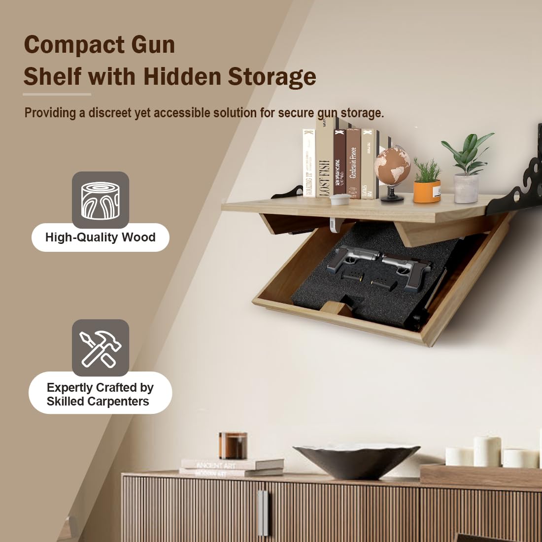DOLEMODUO Hidden Shelf for Gun, Wall Mounted Hidden Gun Storage Shelf with Lock, Solid Wood Hidden Compartment Furniture DOLEMODUO