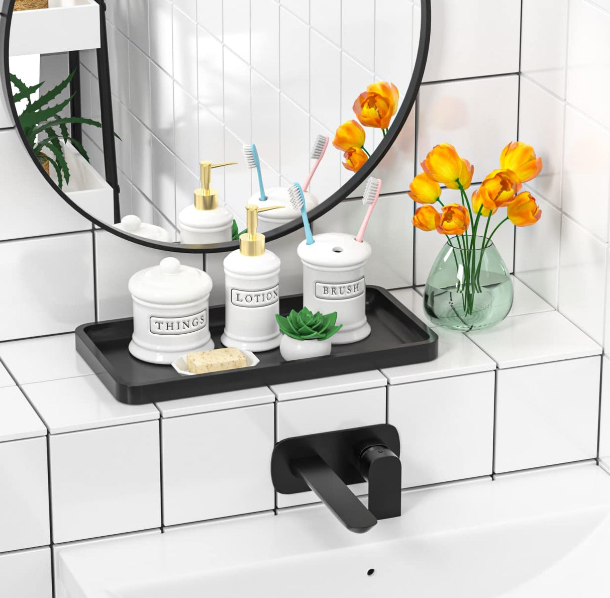 Bathroom Vanity Tray for Countertop - Bamboo Organizer Tray for Dresser Tops, Toilet, Perfume Small Decorative Wood Tray for Home Decoration 11.4” L x 6.1” W x 0.7” H (Black) Weenson