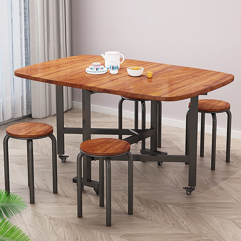 Rukulin Multifunction Table Drop Leaf Dining Table - 47" Solid Wooden Foldable Kitchen Table with 6 Wheels (Brown) Rukulin