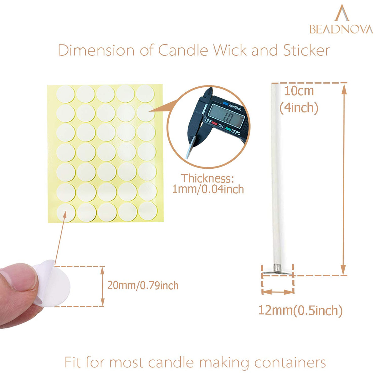 BEADNOVA Candle Cotton Wicks 4 Inch 50pcs with Stickers Short Candle Making Wicks and Double Sided Stickers for Making DIY BEADNOVA