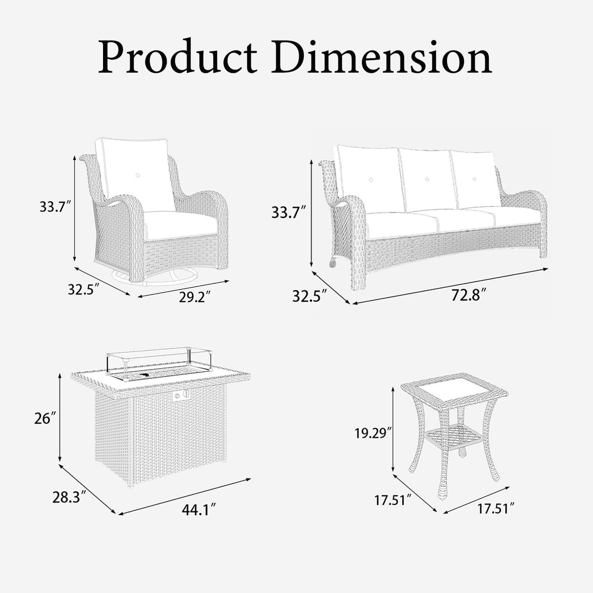 LayinSun 5 Pieces Outdoor Patio Furniture Set with Fire Pit Table, Rattan Wicker Sectional Swivel Rocker Chairs Sets with Swivel Glider Chair and Coffee Table LayinSun