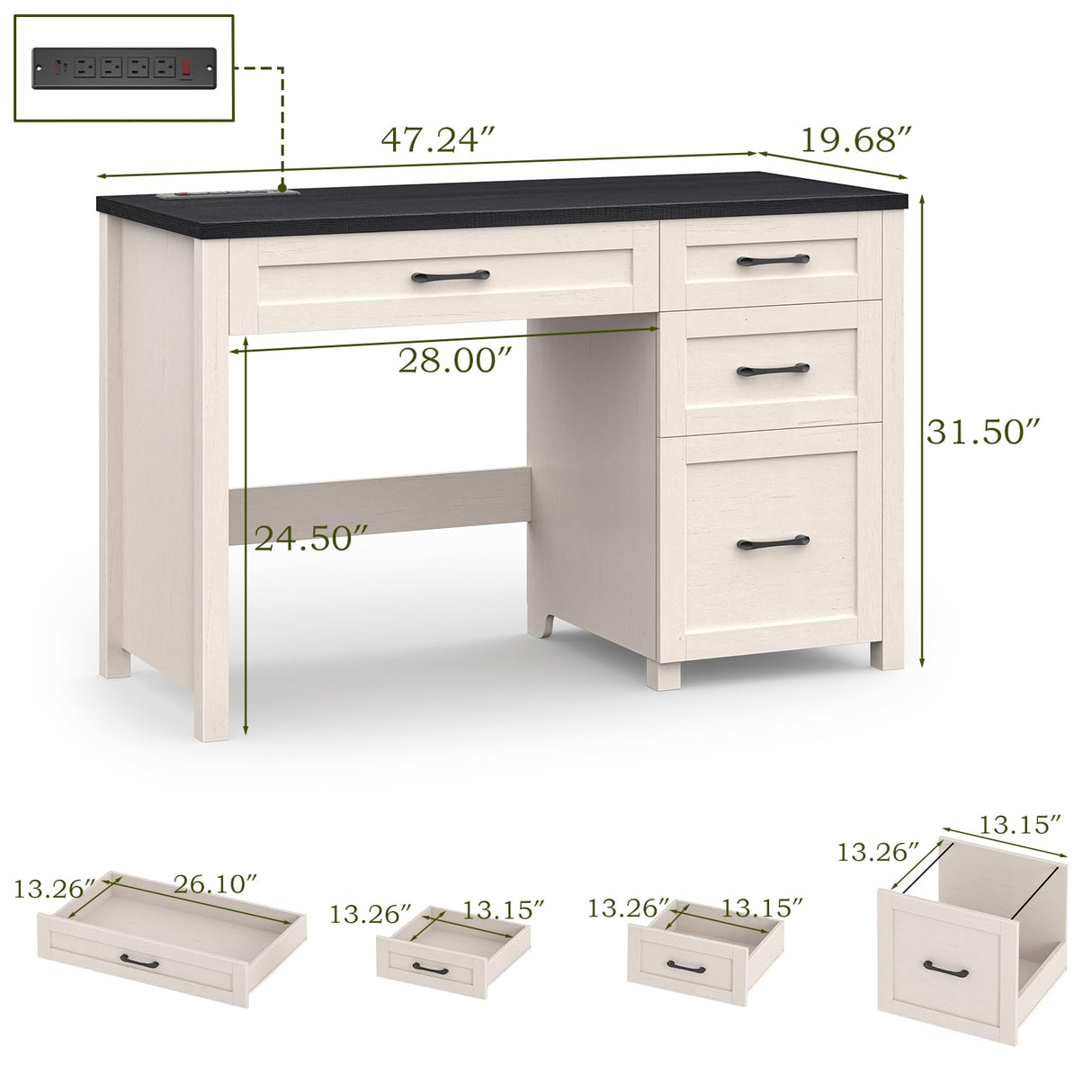 Vabches Farmhouse 47" Executive Desk, Computer Desk with File Drawer and Charging Station, Workstation for Home Office, Study,(Black). Vabches