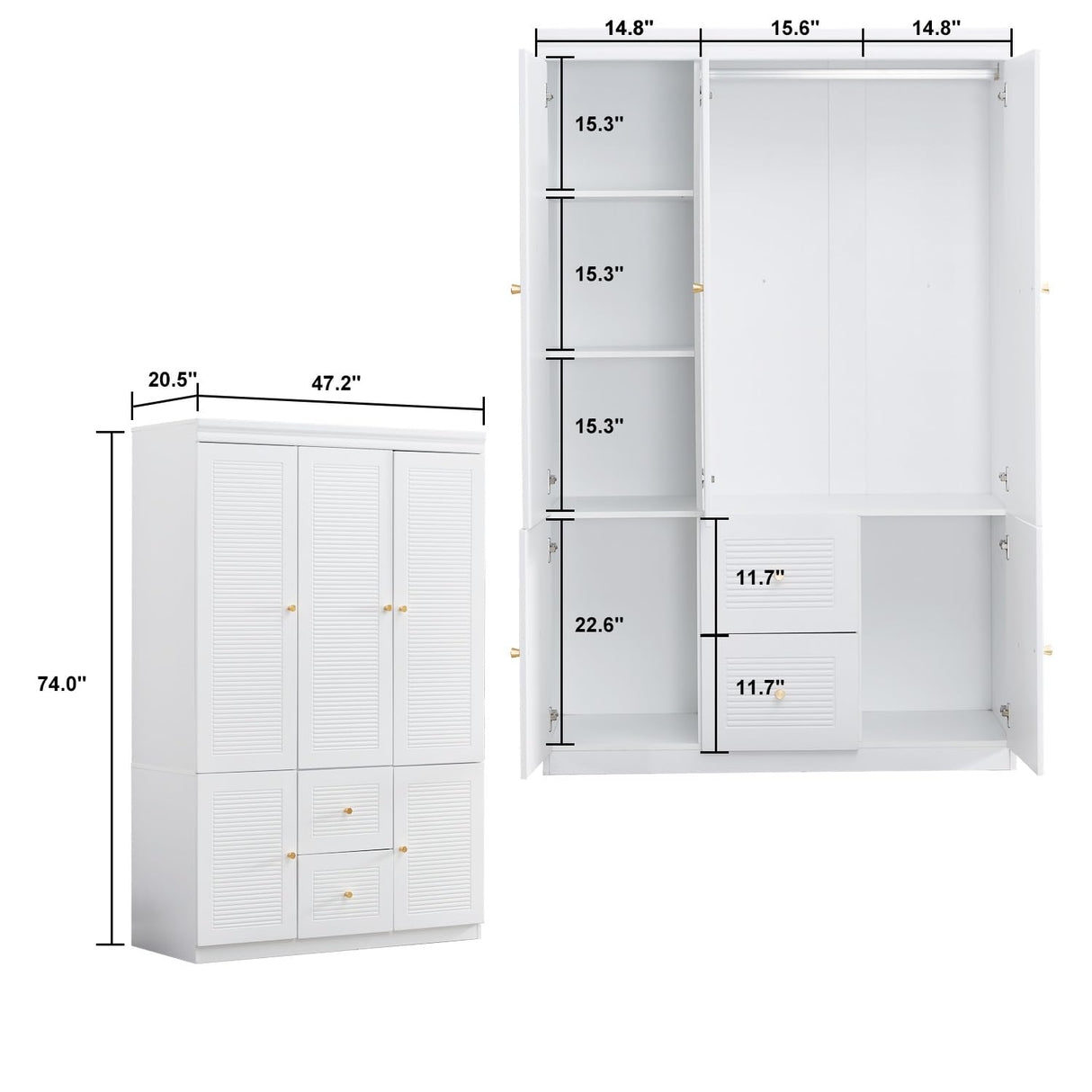 Sophshelter 74.2" Armoire Wardrobe Closet Storage, Wood 3 Door 2 Drawers White Closet Cabinet for Large Capacity, Tall Cabinet Closet with Hanging Rod and 5 Storage 47.3" L x 20.3" W x 74.2" H Sophshelter