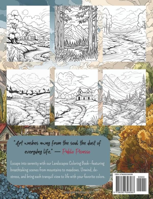 Landscapes Coloring Book: 50 Simple Line Drawing Nature-scapes with Wide Spaces to Color For Relaxation, Anxiety relief, and Inner Peace WoodArtSupply