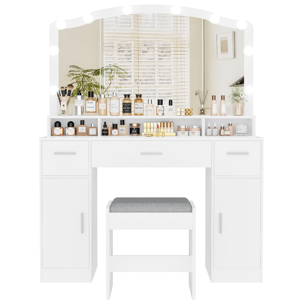 usikey Makeup Vanity with Lights, Vanity Desk, Makeup Vanity Table with 3 Drawers, 2 Cabinets & Long Storage Shelf, 10 Led Lights, Dressing Vanity Table with Stool, for Women, Girls, Bedroom, White usikey