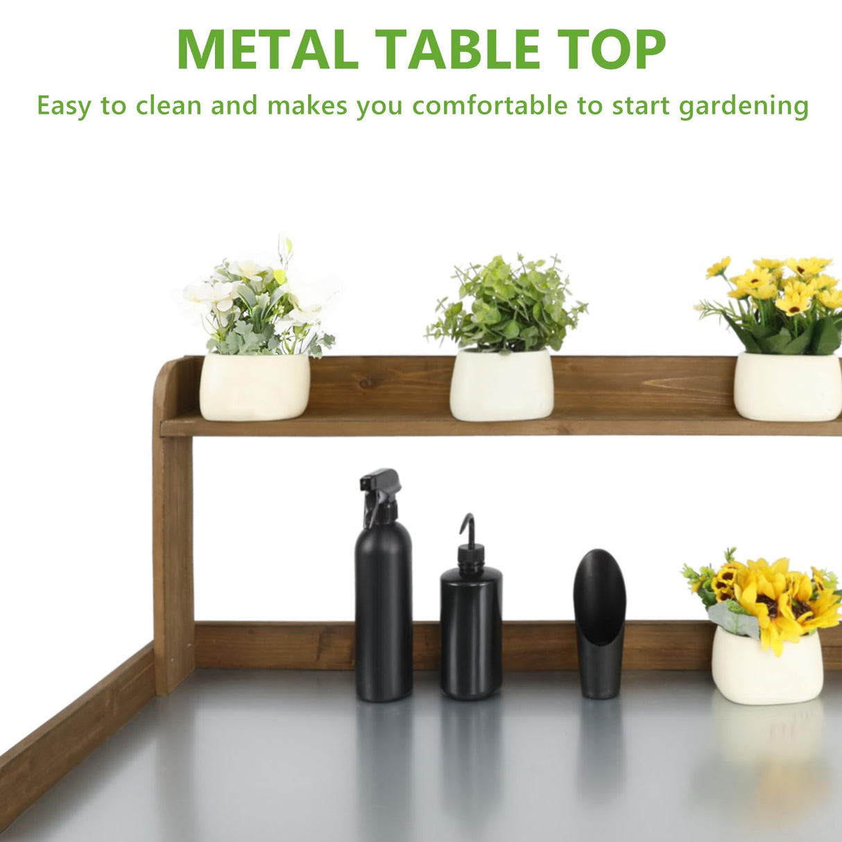 PetsCosset Garden Potting Benche Table Outdoor Wooden Work Station W/Metal Table top,Cabinet,Drawer,Large Bottom Shelf,Open Shelf Natural Wood-Brown-Brown PetsCosset