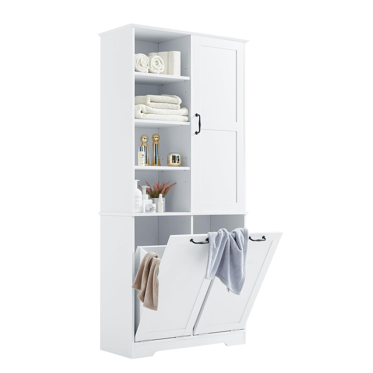 SOFTSEA 68" Double Tilt Out Laundry Hamper, Tall Bathroom Storage Cabinet with Hidden Laundry Basket & Adjustable Shelf, Freestanding Bathroom Cabinet with Doors and Open Shelves, White SOFTSEA