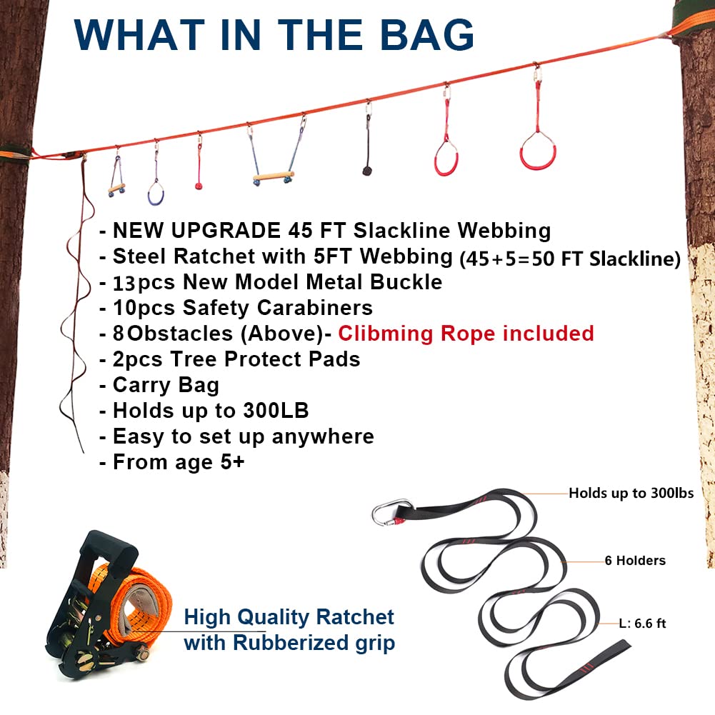 50FT Jungle Gym Ninja Warrior Training Equipment Hanging Monkey Bar, Adjust Kids Adults Obstacles Course Backyard Playground Trapeze Playset- Climb Rope Ladder, Wood Swing Bar, Ninja Ring, Monkey Fist Hokilands