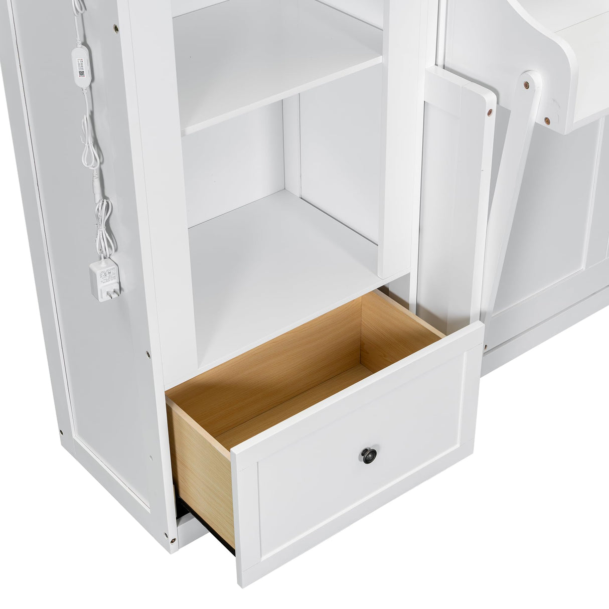 Elegant Queen Size Murphy Bed with Shelf, Side Cabinets, Drawers and LED, Cabinet Folding Wall Bed with Desk Combo Perfect for Guest Room, Office (White-2) Quarte