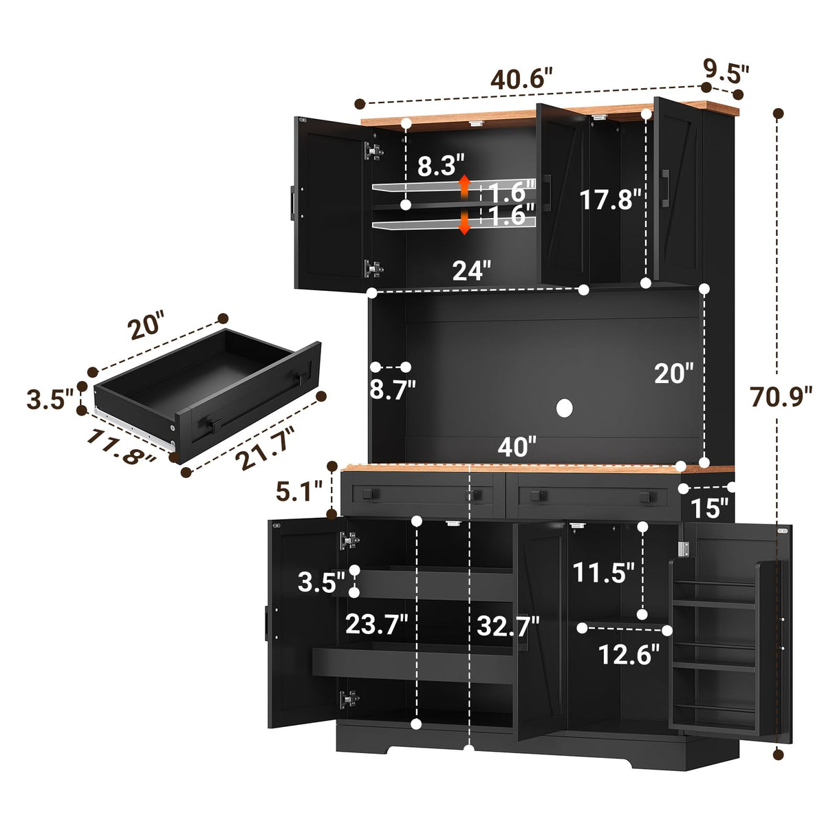 ELYKEN 71" Pantry Cabinet with Charging Station & LED Lights, Tall Kitchen Pantry with Hutch, Microwave Stand, Farmhouse Pantry with Door Shelf & Drawer & Adjustable Shelf for Dining Room, Black ELYKEN