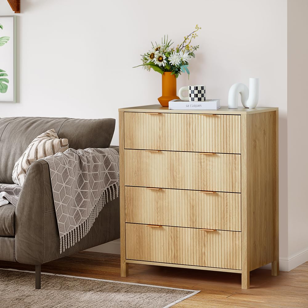 affeivul Mid Century Modern Dresser, 4 Drawer Dresser for Bedroom Wood, Boho Wooden Storage Cabinet Side Table with Solid Wood Legs, Tall Skinny Dresser for Closet, Living Room (Natural) affeivul