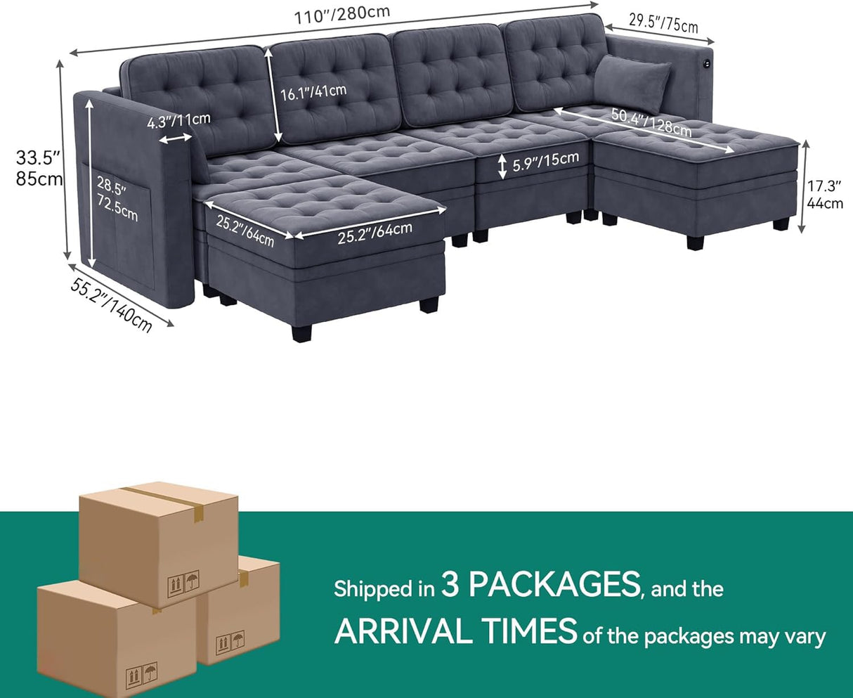 YITAHOME Modular Sectional Sofa, U Shaped Sectional Couch with Reversible Chaise Velvet 6-Seater Convertible Sofa with 3-Position Adjustable Armrests and USB Port, for Living Room (Dark Grey3) YITAHOME