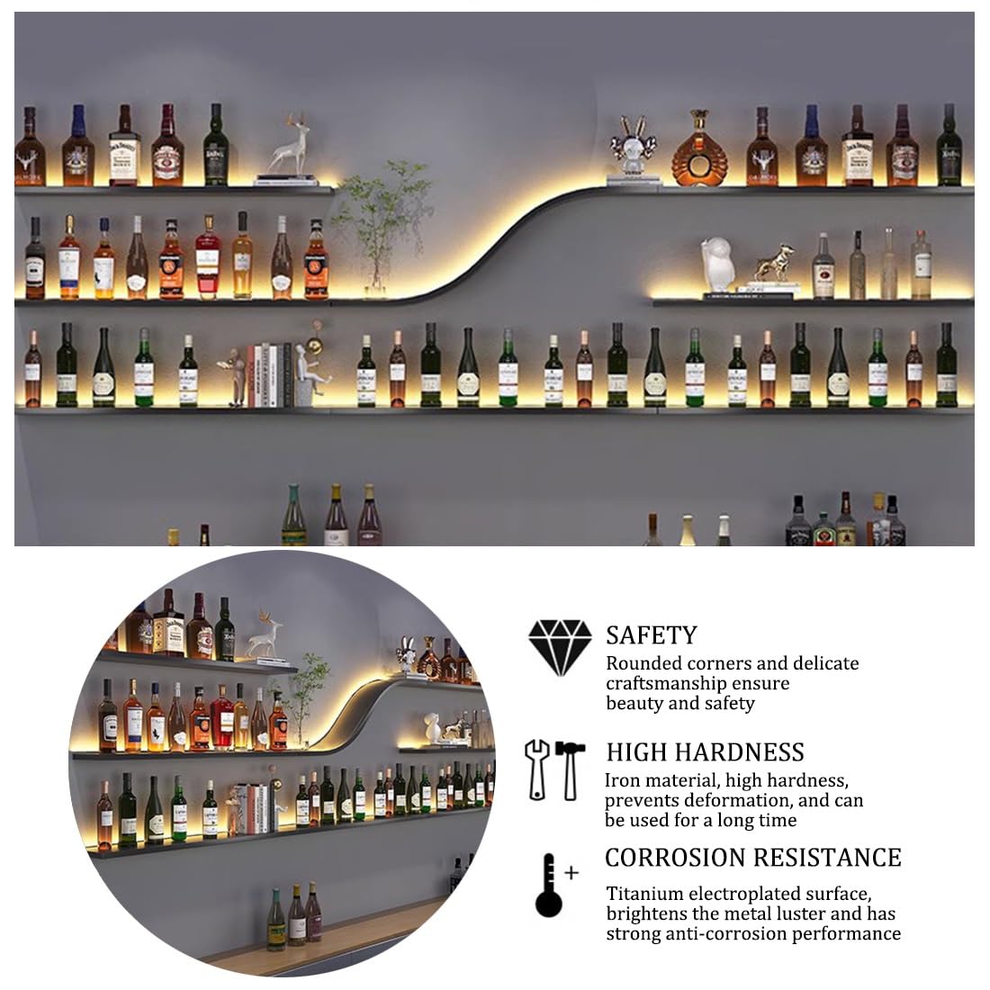 Modern Wall Mounted Wine Rack w/LED Light, Metal Wall Bar Shelves Storage Holder w/Glass Holder, Hanging Large Liquor Shelf for Liquor Bottles for Home Bar Dining Room(Yellow light,200CM/78.7IN) IRHIGBGX