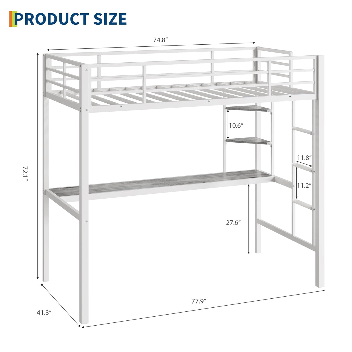 Garvee Twin Size Loft Bed with Large Desk and Storage Shelves, Heavy Duty Metal Loft Bed with Safety Guardrail and Ladder for Kids and Adults, Steel Slats Support, Space Saving, White and Gray Garvee