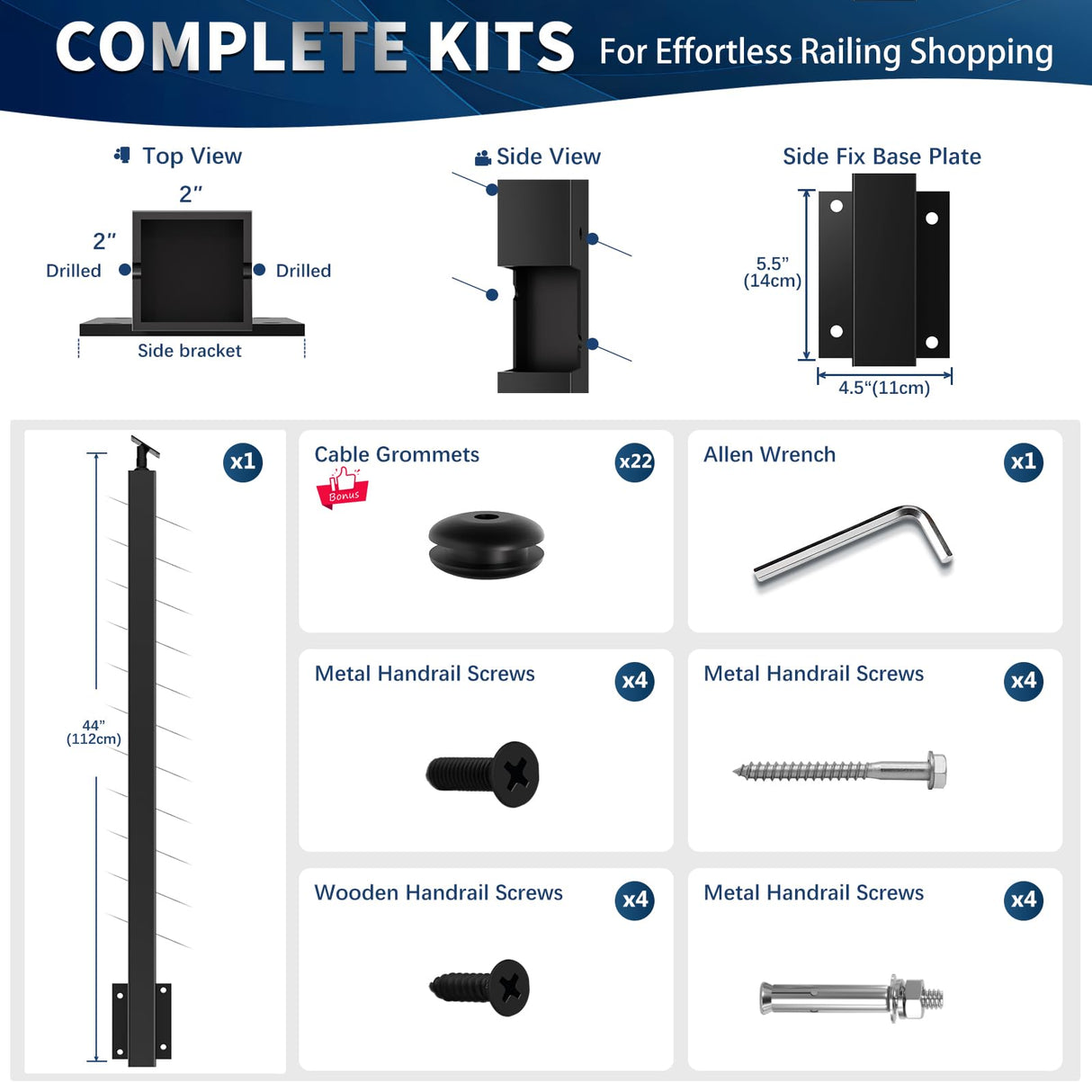 Gyykzz 42" Side Mount Stair Cable Railing Post for 36"-38" Stair Railing, Left Side Space-Saving 33° Drill Stair Handrail Deck Post for Cable Railing System Kit Indoor Outdoor Wood Concrete Gyykzz