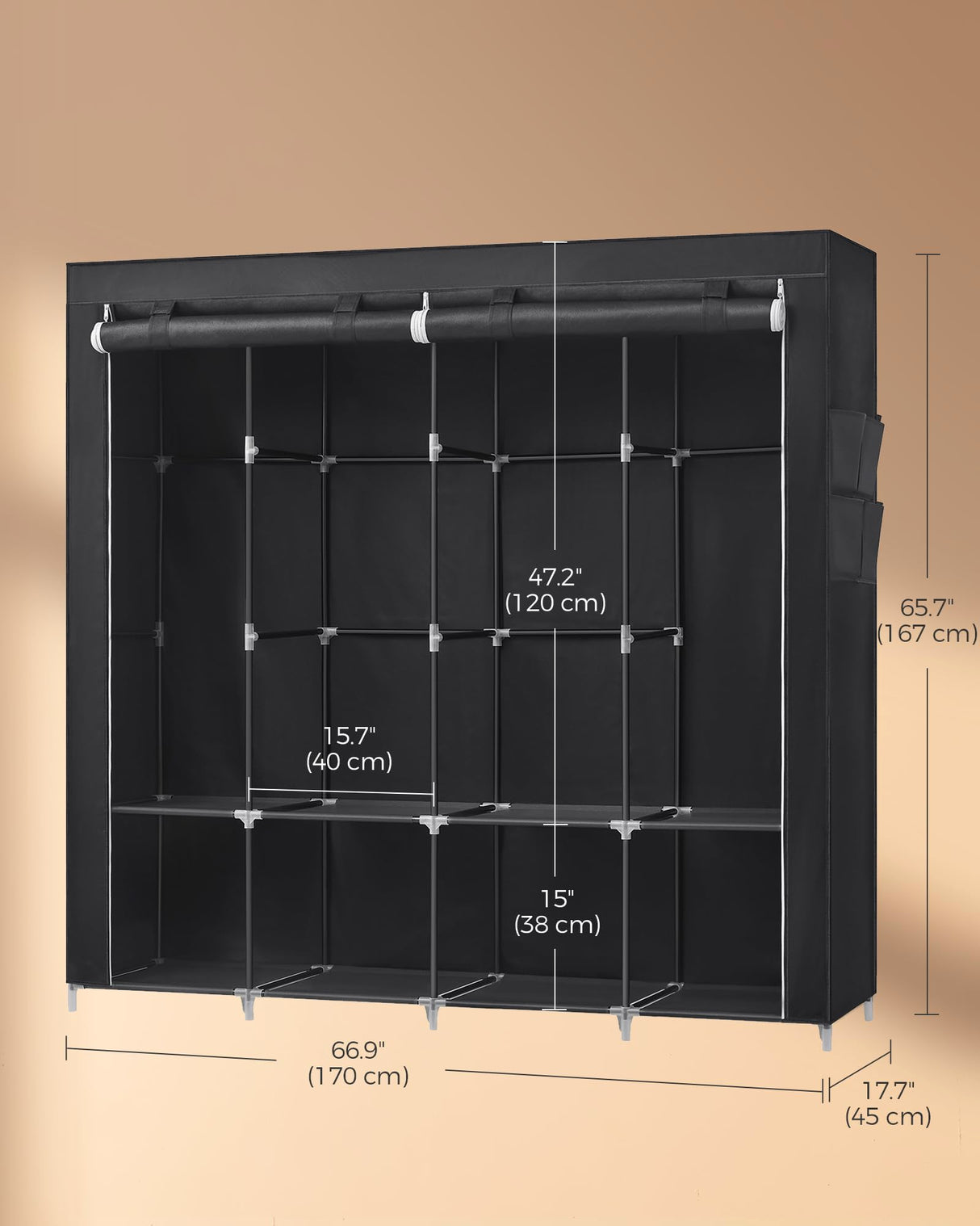 SONGMICS Portable Closet, Wardrobe Closet Organizer with Cover, 4 Hanging Rods and Shelves, 4 Side Pockets, 66.9 x 17.7 x 65.7 Inches, Large Capacity for Bedroom, Living Room, Ink Black URYG094B02 SONGMICS