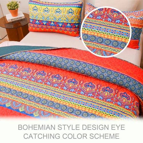 Exclusivo Mezcla Reversible Boho Quilts Twin Size, Blue Bedspreads Lightweight Coverlet All Season Bohemian Quilt Bedding Set with Printed Floral Pattern (1 Quilt, 1 Pillow Sham) Exclusivo Mezcla